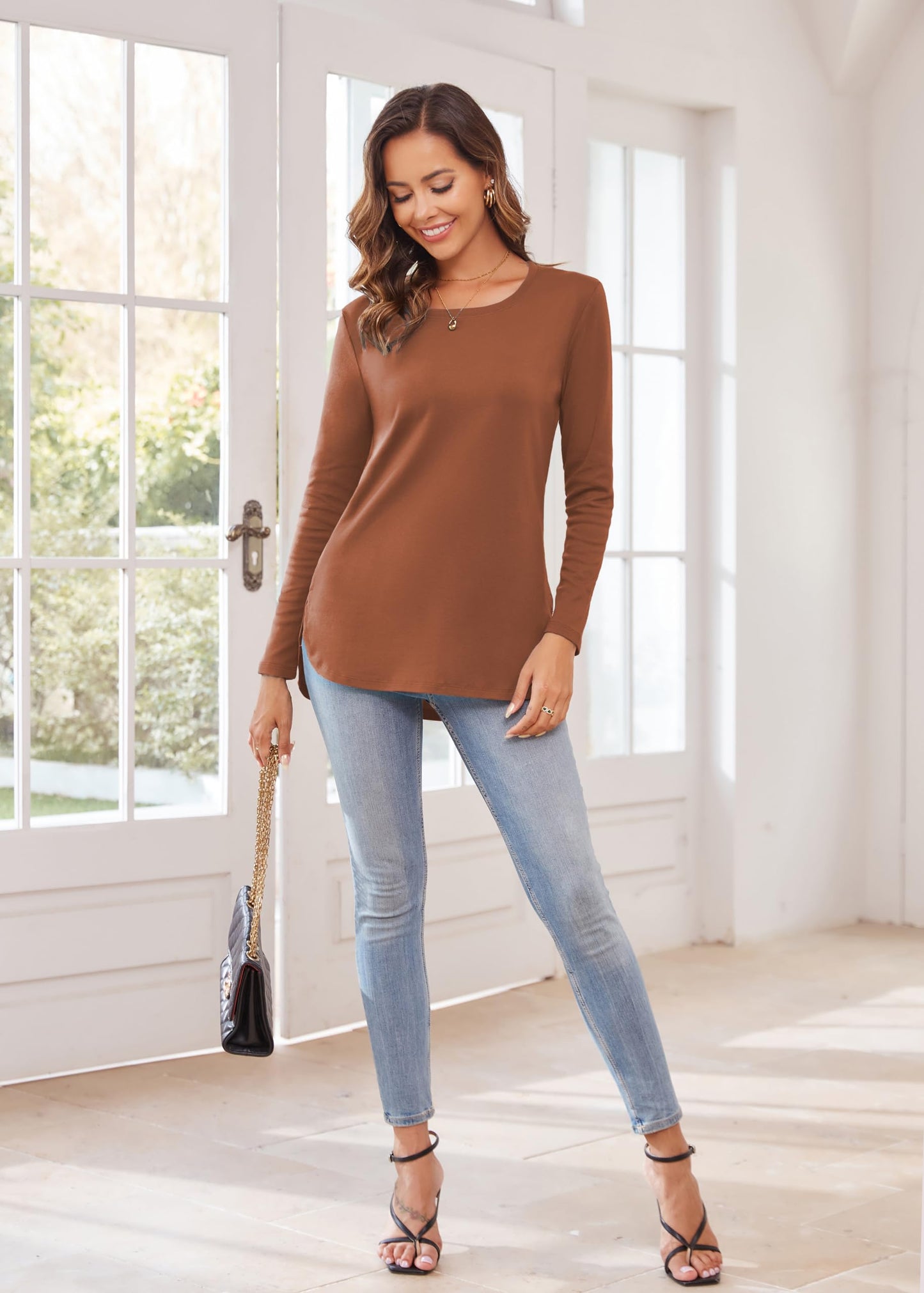 Herou Women's Casual Long Sleeve T Shirt Crewneck with Side Split Fall Pullover Loose Tunic Sweater Tops