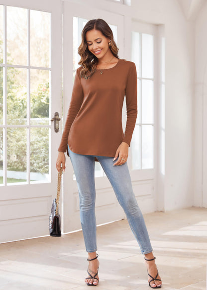 Herou Women's Casual Long Sleeve T Shirt Crewneck with Side Split Fall Pullover Loose Tunic Sweater Tops