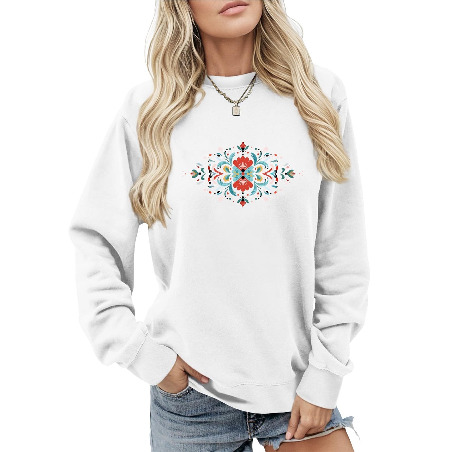 LOAIHA Womens Boho Western Skull Graphic Sweatshirt Long Sleeve Crewneck Pullover White Cotton Blend Casual Streetwear Top