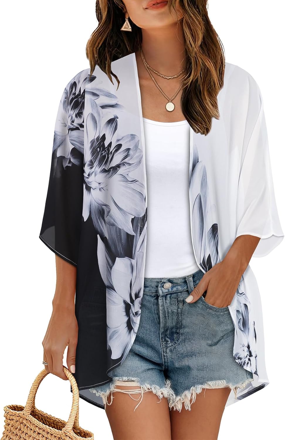 Women's Floral Print Puff Sleeve Kimono Cardigan Loose Cover Up Casual Blouse Tops 2026