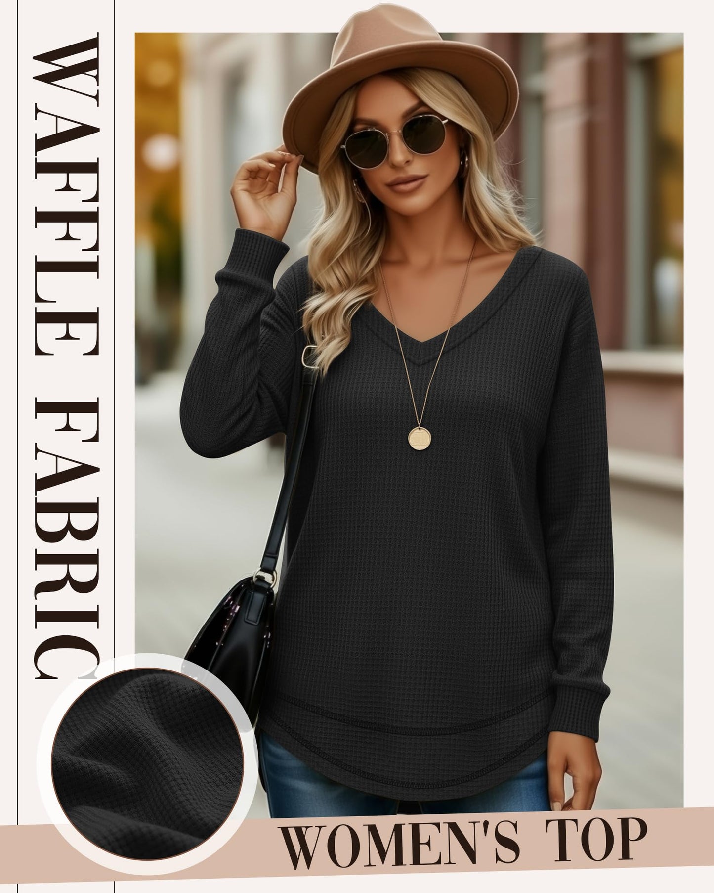 3 Pack Women's Waffle Knit Tunic Tops for Leggings Long Sleeve V Neck Sweatshirts Curved Hem Shirts 2026 Trendy