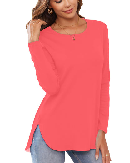 Herou Women's Casual Long Sleeve T Shirt Crewneck with Side Split Fall Pullover Loose Tunic Sweater Tops
