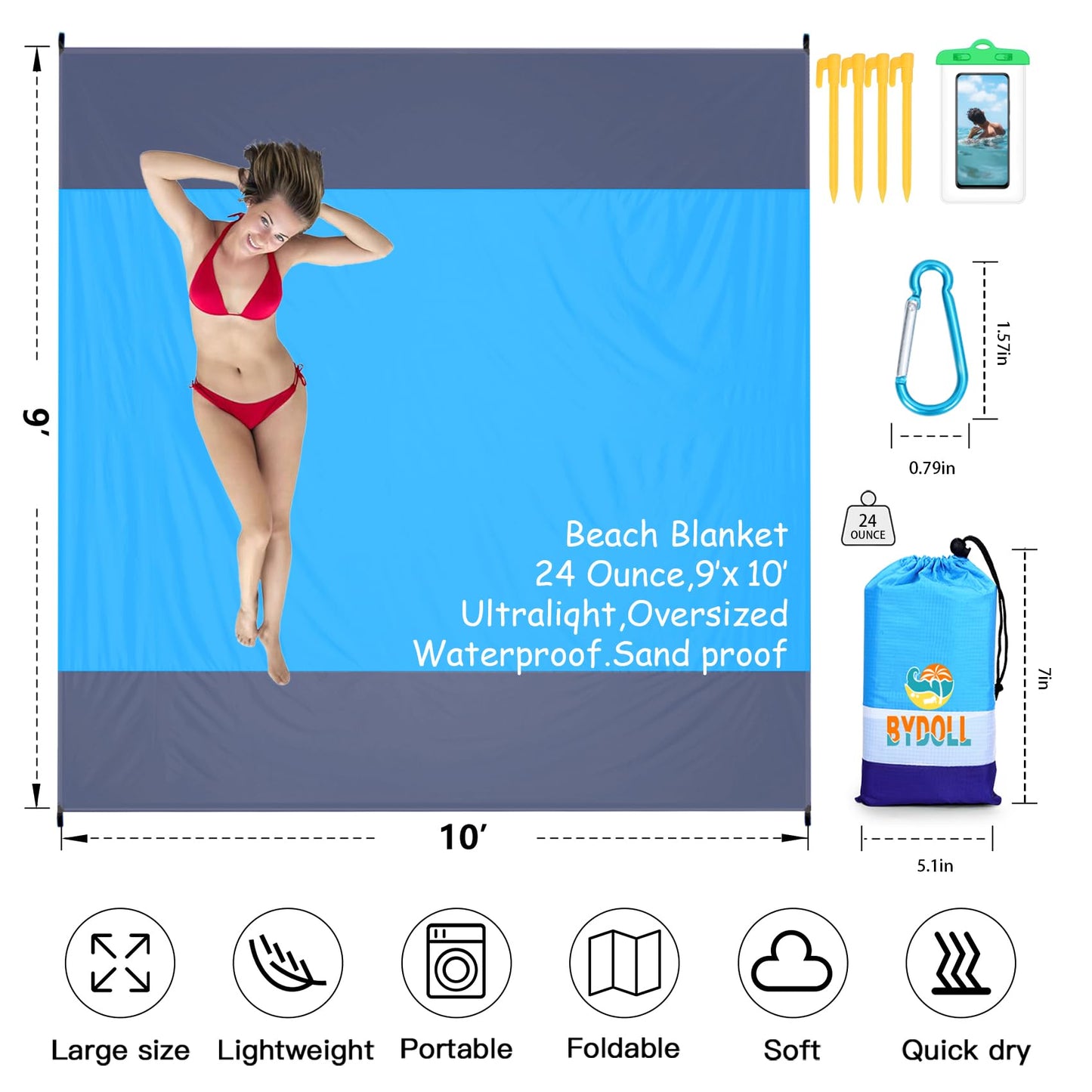 BYDOLL Beach Blanket Waterproof Sandproof Large Sand Free,78''X81''/10'X9' Oversized Sandless Lightweight Blanket Picnic Mat for Beach Travel Camping Hiking with Stakes