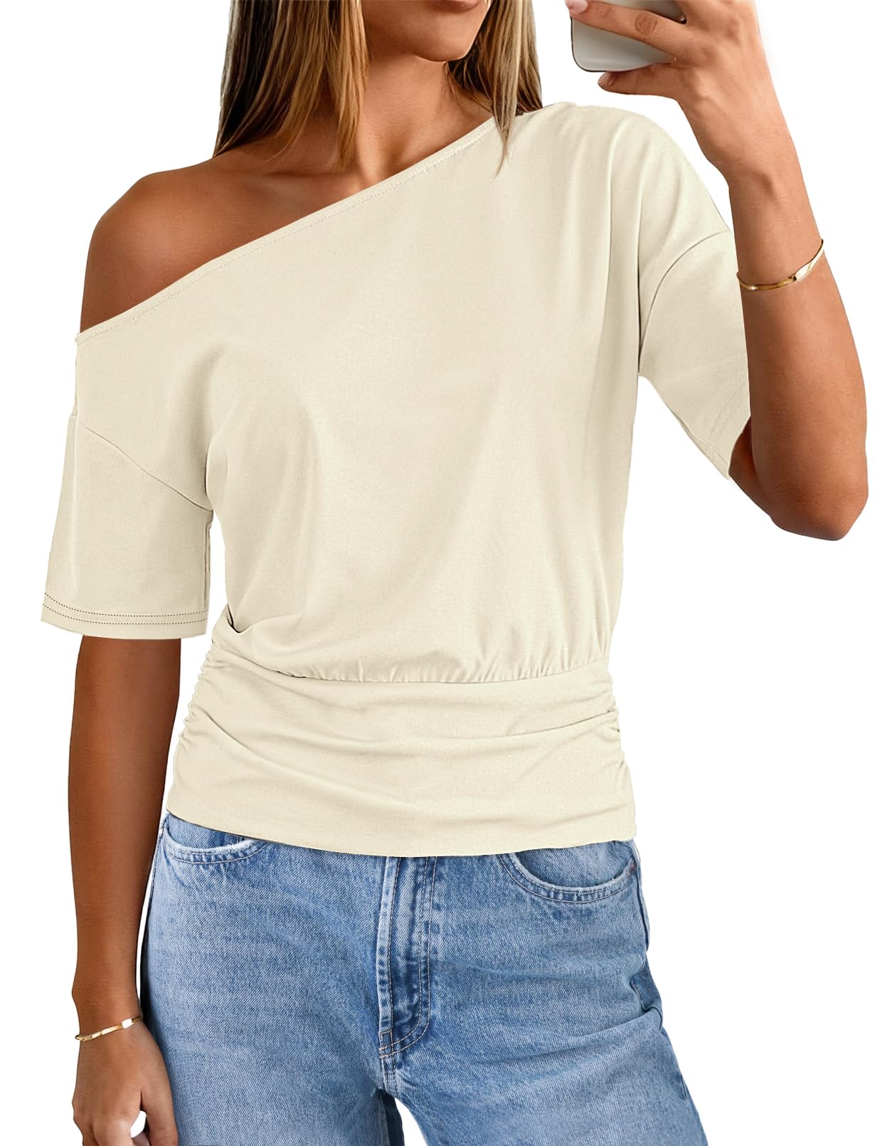 MEROKEETY Women's Off The Shoulder Short Sleeve Tops 2026 Summer Casual Going Out Trendy Y2k T Shirts
