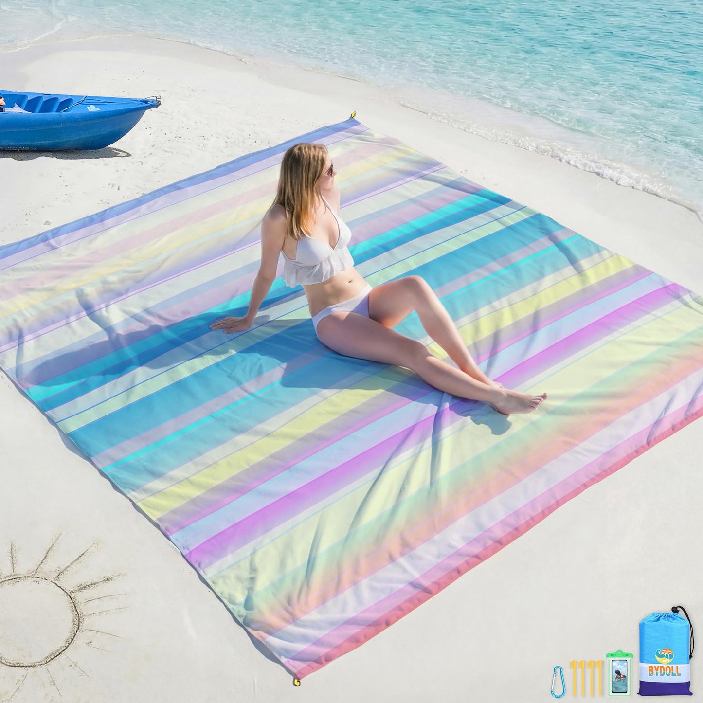 BYDOLL Beach Blanket Waterproof Sandproof Large Sand Free,78''X81''/10'X9' Oversized Sandless Lightweight Blanket Picnic Mat for Beach Travel Camping Hiking with Stakes