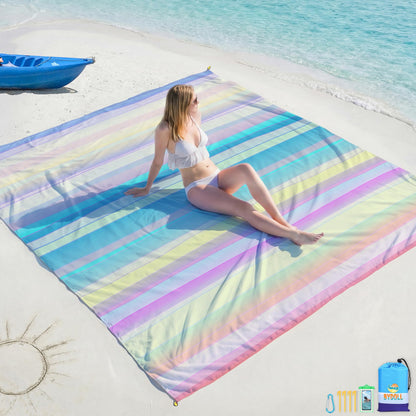 BYDOLL Beach Blanket Waterproof Sandproof Large Sand Free,78''X81''/10'X9' Oversized Sandless Lightweight Blanket Picnic Mat for Beach Travel Camping Hiking with Stakes