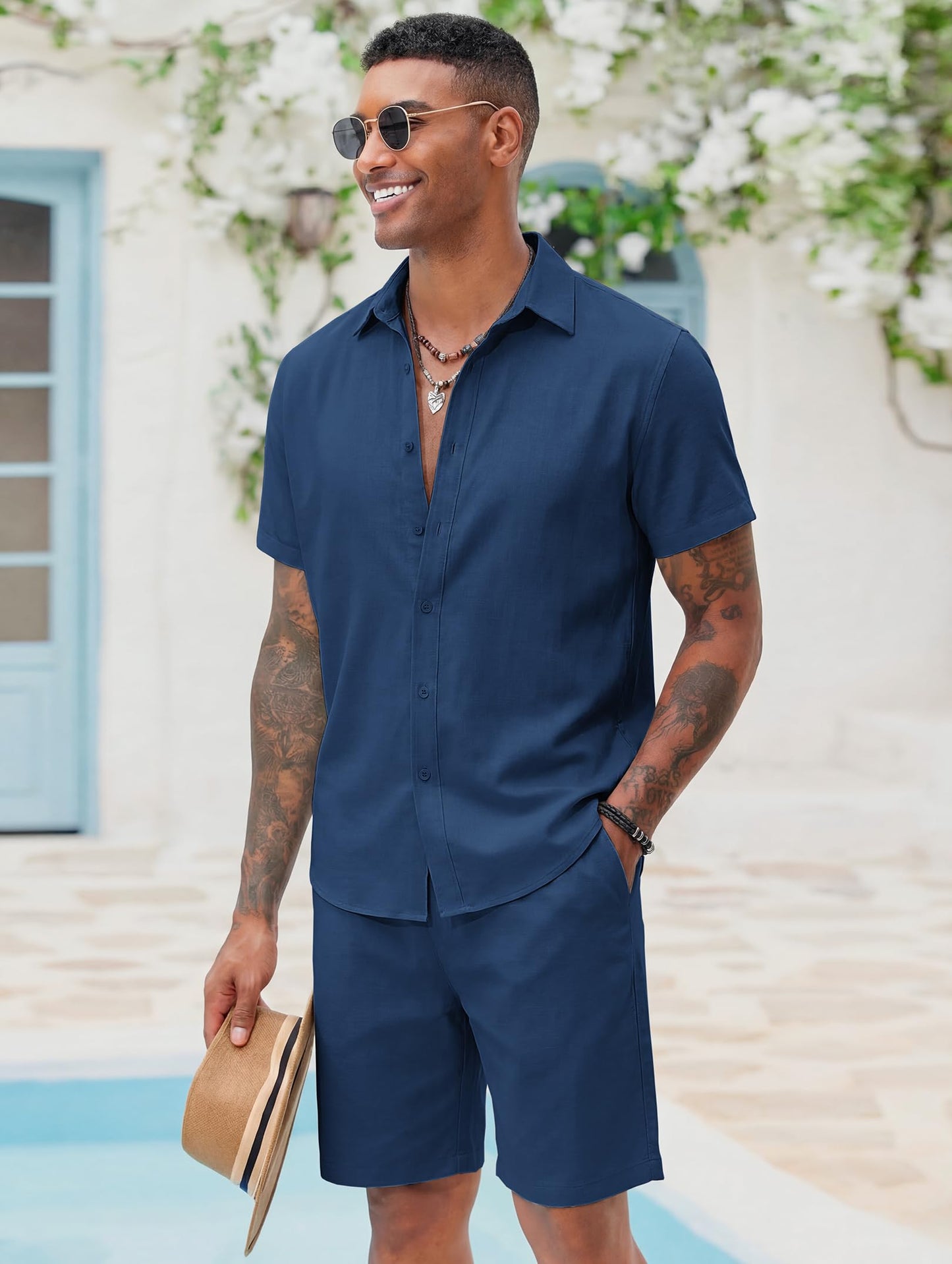 COOFANDY Men's 2 Pieces Cotton Linen Set Short Sleeve Button Down Shirts Summer Beach Shorts Casual Outfits