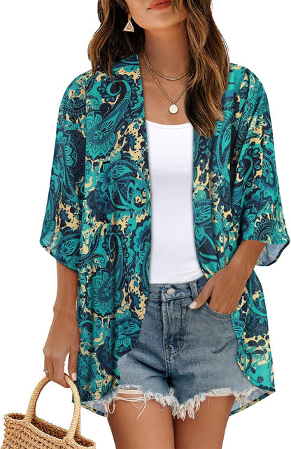 Women's Floral Print Puff Sleeve Kimono Cardigan Loose Cover Up Casual Blouse Tops 2026