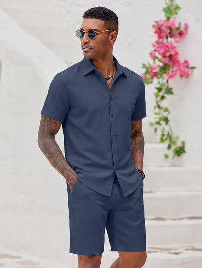 COOFANDY Men's 2 Pieces Cotton Linen Set Short Sleeve Button Down Shirts Summer Beach Shorts Casual Outfits