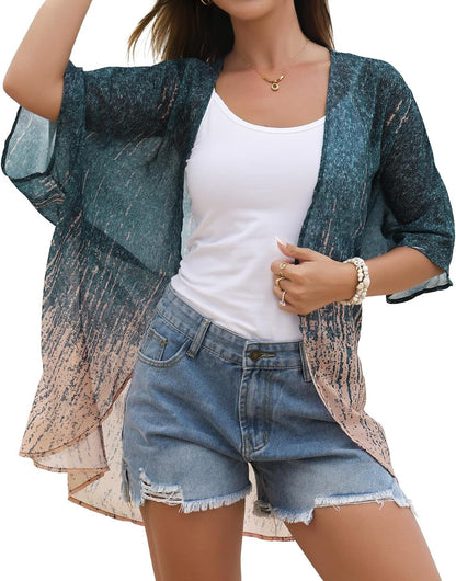 Women's Floral Print Puff Sleeve Kimono Cardigan Loose Cover Up Casual Blouse Tops 2026