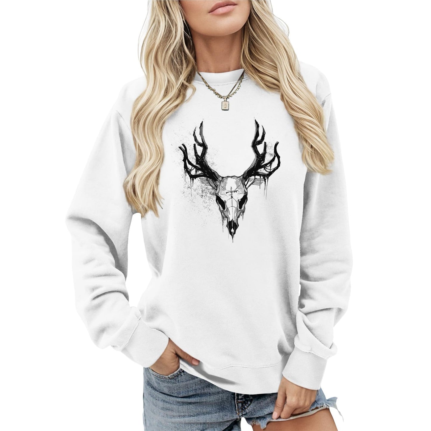 LOAIHA Womens Boho Western Skull Graphic Sweatshirt Long Sleeve Crewneck Pullover White Cotton Blend Casual Streetwear Top