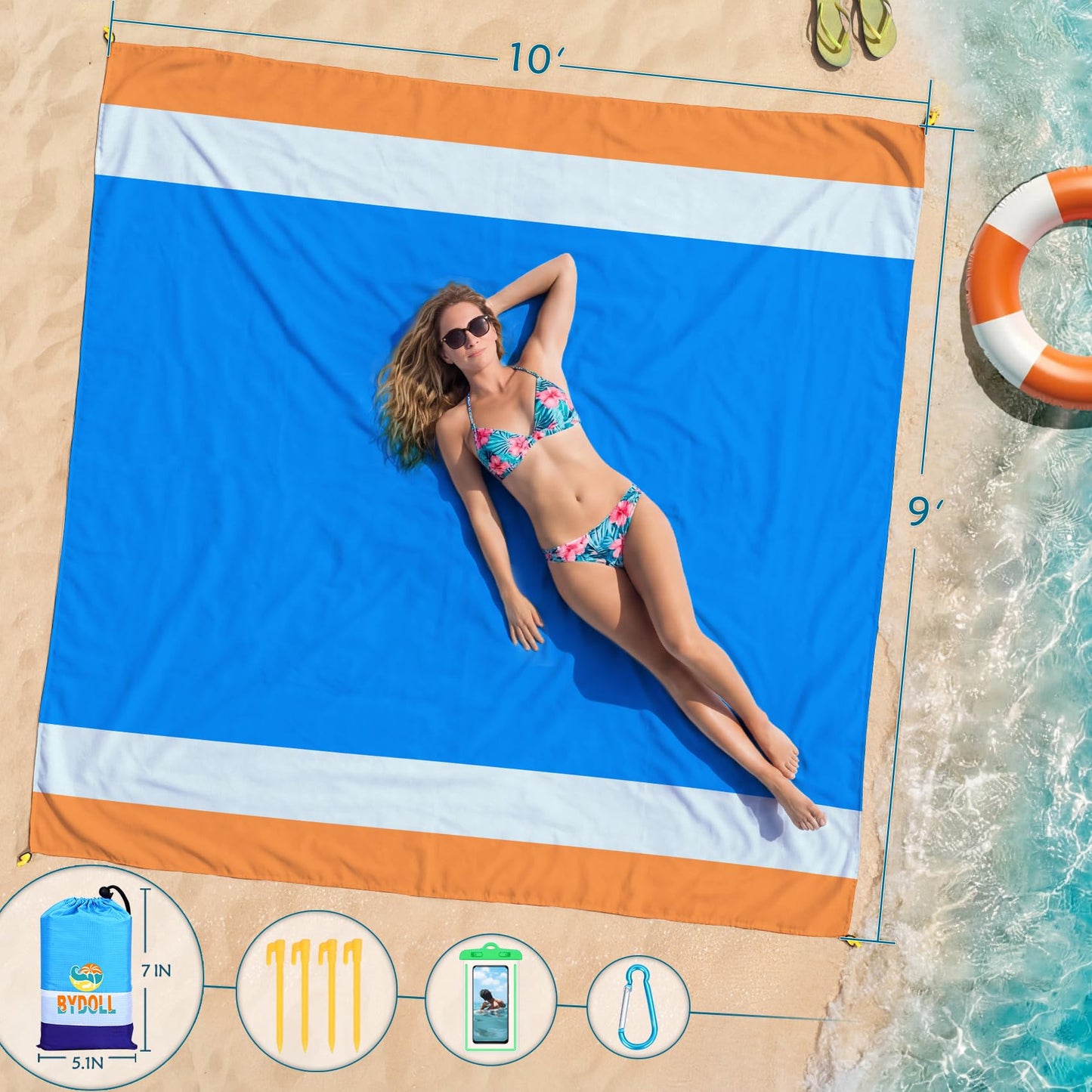 BYDOLL Beach Blanket Waterproof Sandproof Large Sand Free,78''X81''/10'X9' Oversized Sandless Lightweight Blanket Picnic Mat for Beach Travel Camping Hiking with Stakes