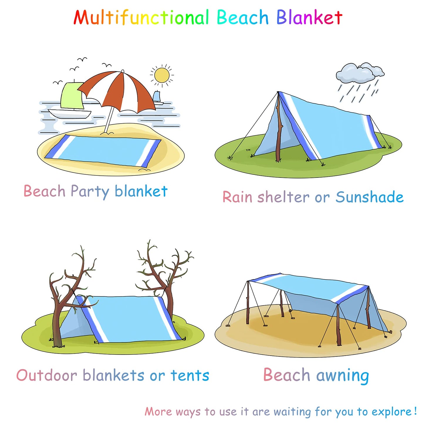 BYDOLL Beach Blanket Waterproof Sandproof Large Sand Free,78''X81''/10'X9' Oversized Sandless Lightweight Blanket Picnic Mat for Beach Travel Camping Hiking with Stakes