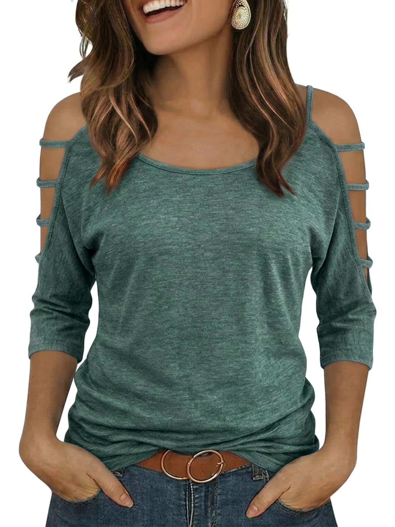 Jar of Love Women's Cold Shoulder Tops 3/4 Sleeve Sexy Going Out T-Shirts for Women Casual Tunic Tops