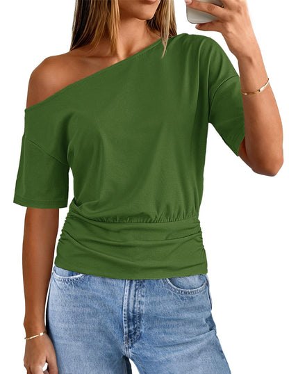 MEROKEETY Women's Off The Shoulder Short Sleeve Tops 2026 Summer Casual Going Out Trendy Y2k T Shirts