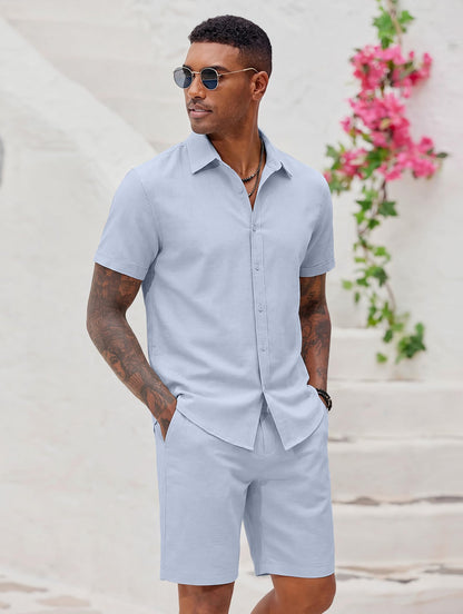 COOFANDY Men's 2 Pieces Cotton Linen Set Short Sleeve Button Down Shirts Summer Beach Shorts Casual Outfits