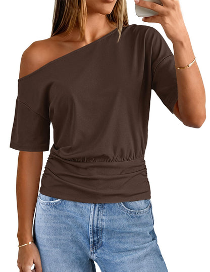 MEROKEETY Women's Off The Shoulder Short Sleeve Tops 2026 Summer Casual Going Out Trendy Y2k T Shirts