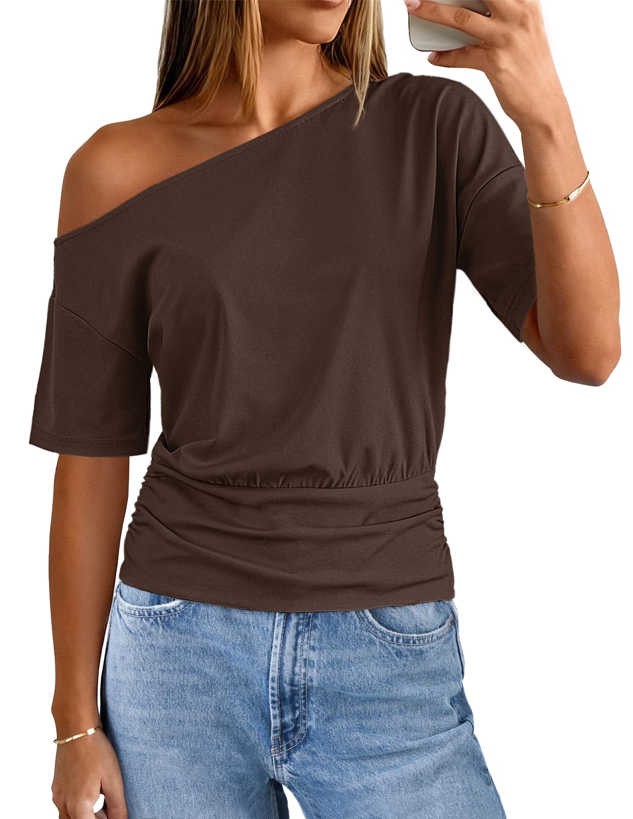 MEROKEETY Women's Off The Shoulder Short Sleeve Tops 2026 Summer Casual Going Out Trendy Y2k T Shirts