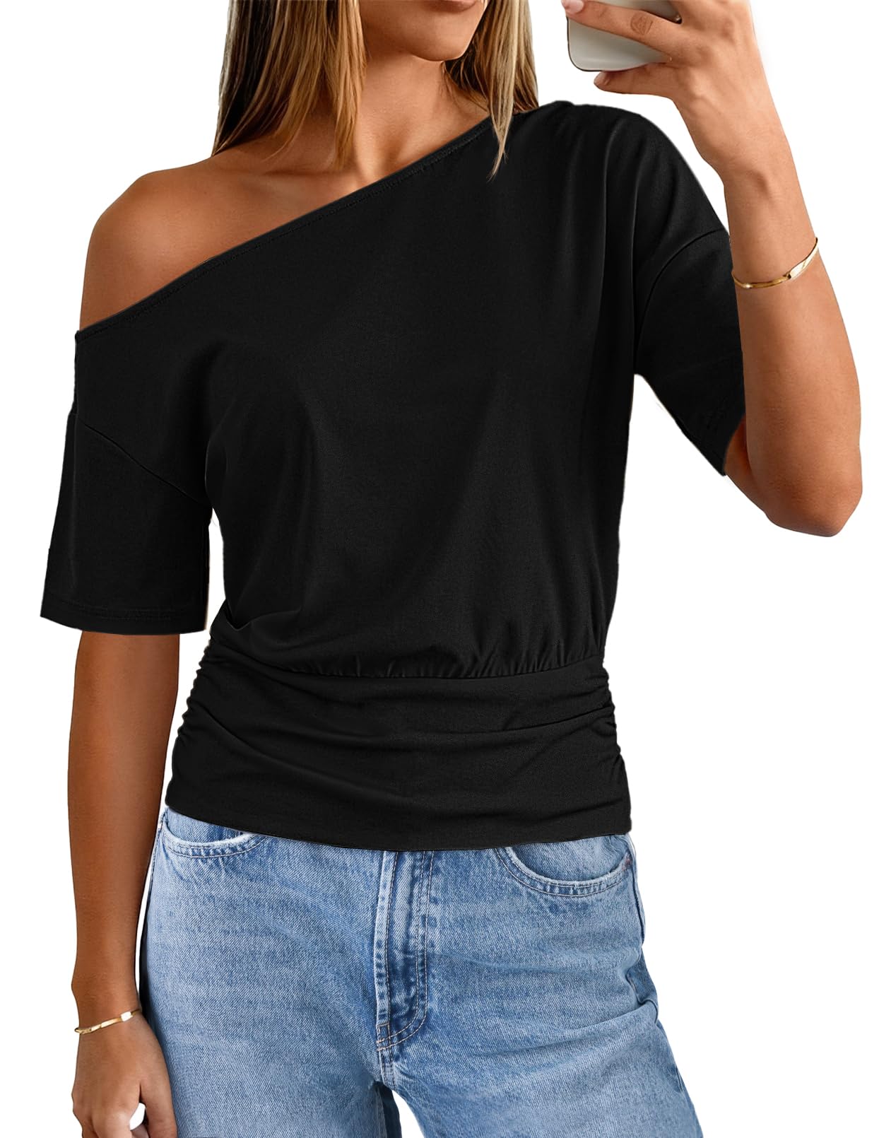 MEROKEETY Women's Off The Shoulder Short Sleeve Tops 2026 Summer Casual Going Out Trendy Y2k T Shirts