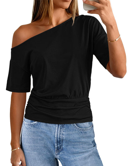 MEROKEETY Women's Off The Shoulder Short Sleeve Tops 2026 Summer Casual Going Out Trendy Y2k T Shirts
