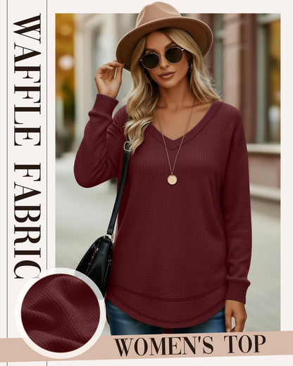 3 Pack Women's Waffle Knit Tunic Tops for Leggings Long Sleeve V Neck Sweatshirts Curved Hem Shirts 2026 Trendy
