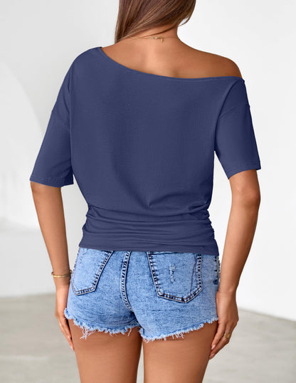 MEROKEETY Women's Off The Shoulder Short Sleeve Tops 2026 Summer Casual Going Out Trendy Y2k T Shirts