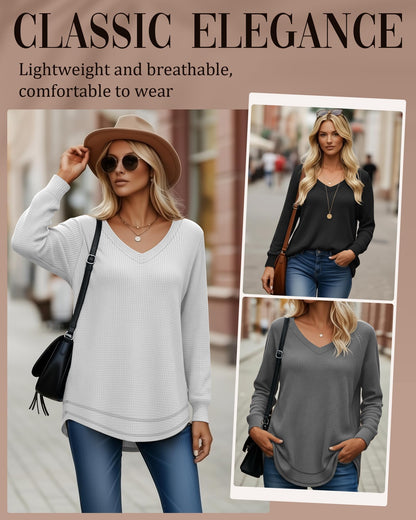 3 Pack Women's Waffle Knit Tunic Tops for Leggings Long Sleeve V Neck Sweatshirts Curved Hem Shirts 2026 Trendy