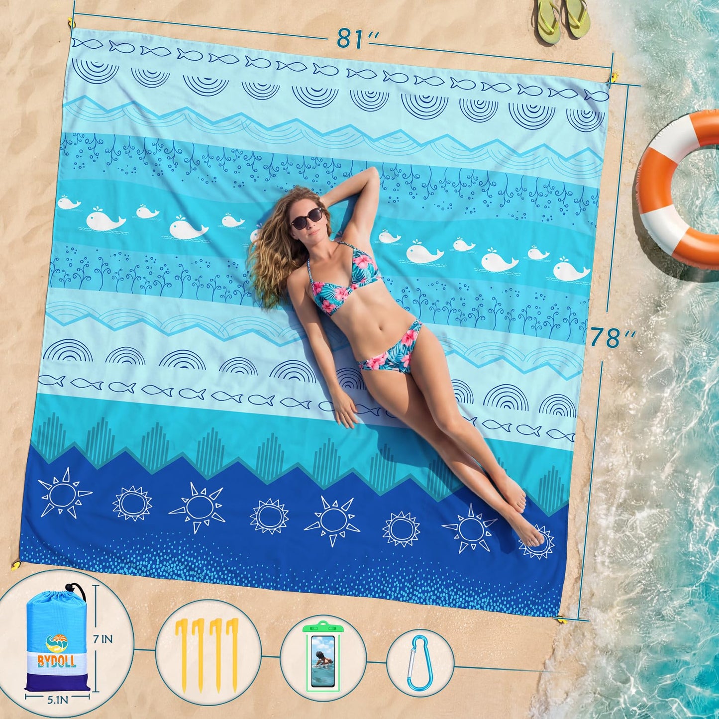 BYDOLL Beach Blanket Waterproof Sandproof Large Sand Free,78''X81''/10'X9' Oversized Sandless Lightweight Blanket Picnic Mat for Beach Travel Camping Hiking with Stakes