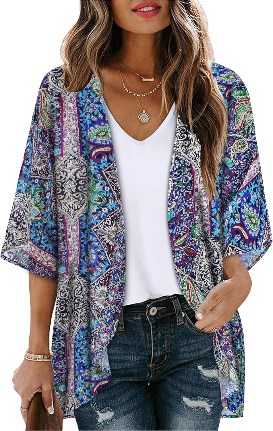 Women's Floral Print Puff Sleeve Kimono Cardigan Loose Cover Up Casual Blouse Tops 2026