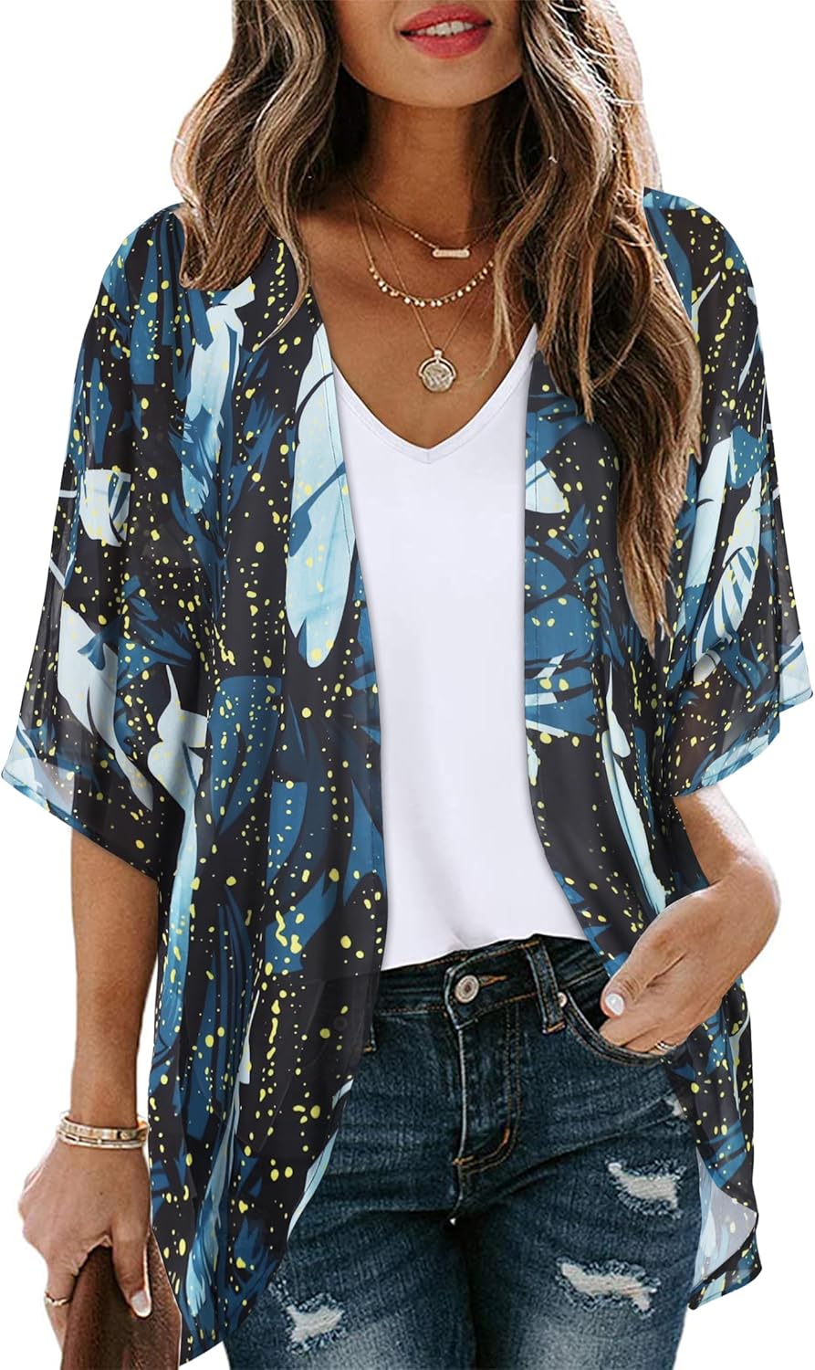 Women's Floral Print Puff Sleeve Kimono Cardigan Loose Cover Up Casual Blouse Tops 2026