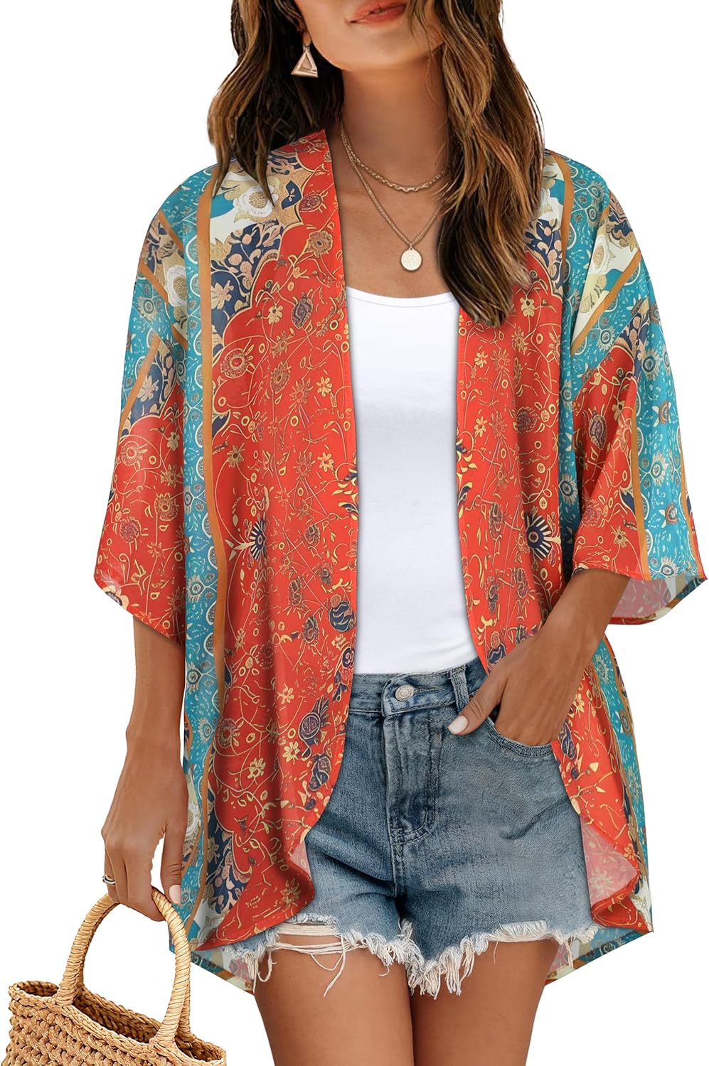 Women's Floral Print Puff Sleeve Kimono Cardigan Loose Cover Up Casual Blouse Tops 2026