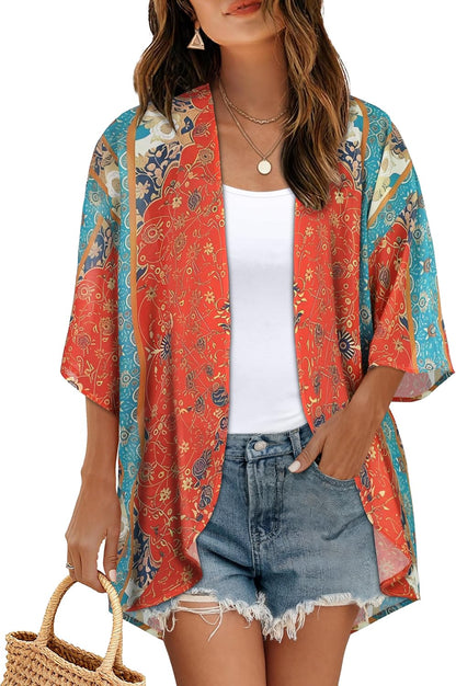 Women's Floral Print Puff Sleeve Kimono Cardigan Loose Cover Up Casual Blouse Tops 2026