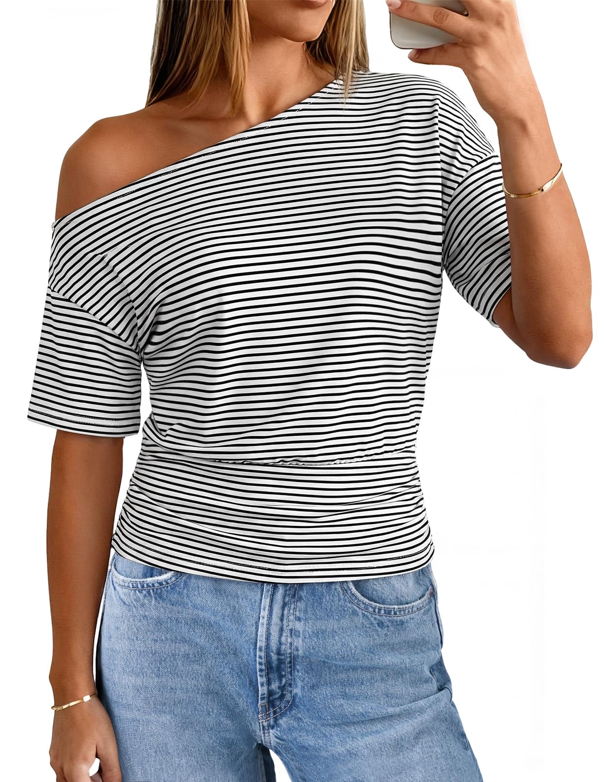 MEROKEETY Women's Off The Shoulder Short Sleeve Tops 2026 Summer Casual Going Out Trendy Y2k T Shirts
