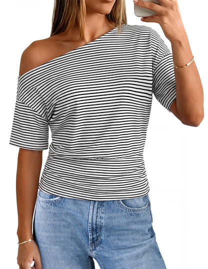 MEROKEETY Women's Off The Shoulder Short Sleeve Tops 2026 Summer Casual Going Out Trendy Y2k T Shirts