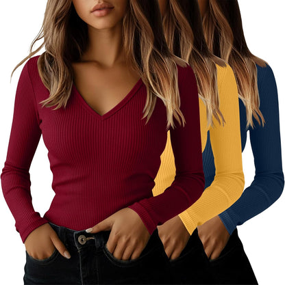 Ficerd 3 Pack Women's Long Sleeve T Shirts Cotton V Neck Slim Fit Tops Ribbed Knit Layering Casual Basic Tees Fall
