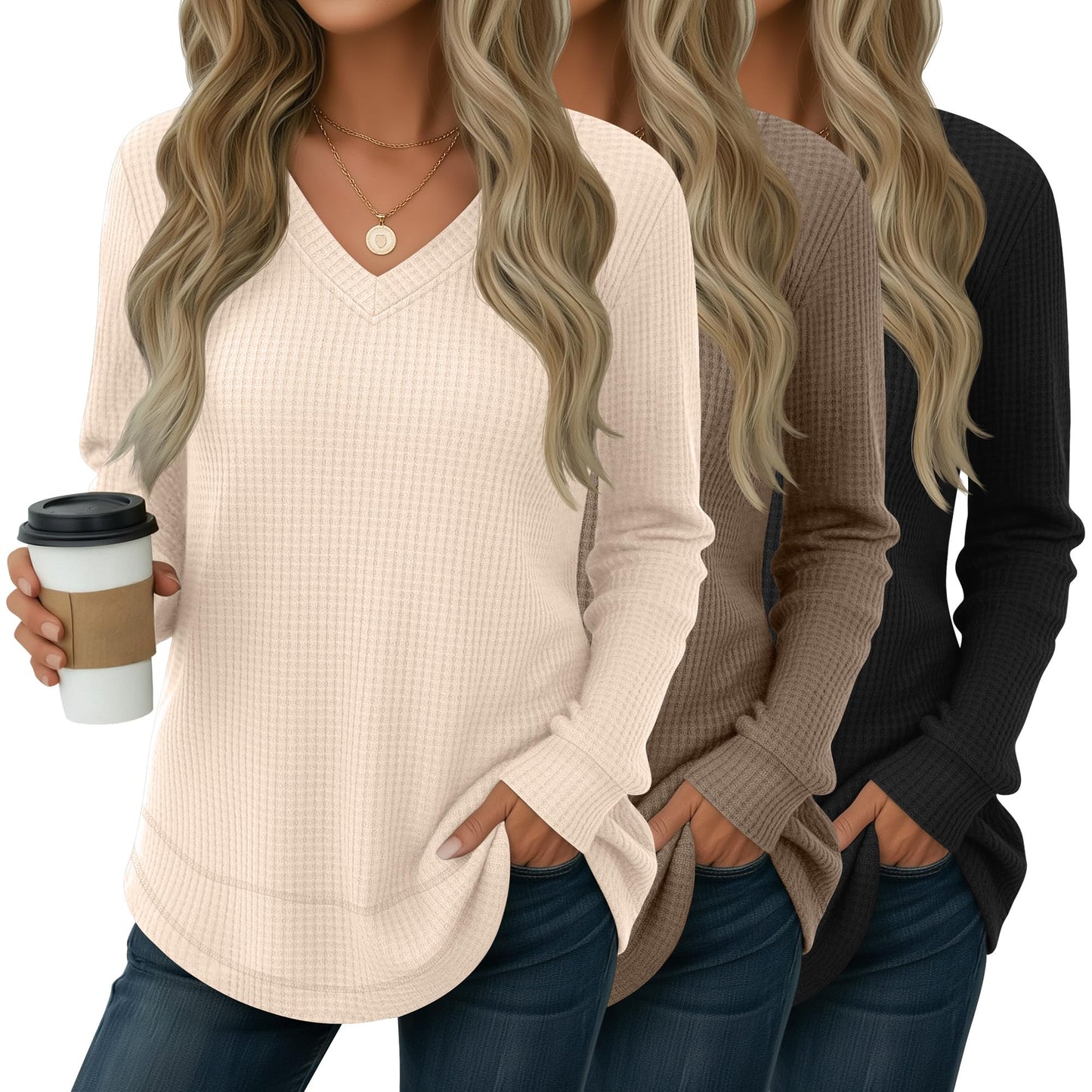 3 Pack Women's Waffle Knit Tunic Tops for Leggings Long Sleeve V Neck Sweatshirts Curved Hem Shirts 2026 Trendy