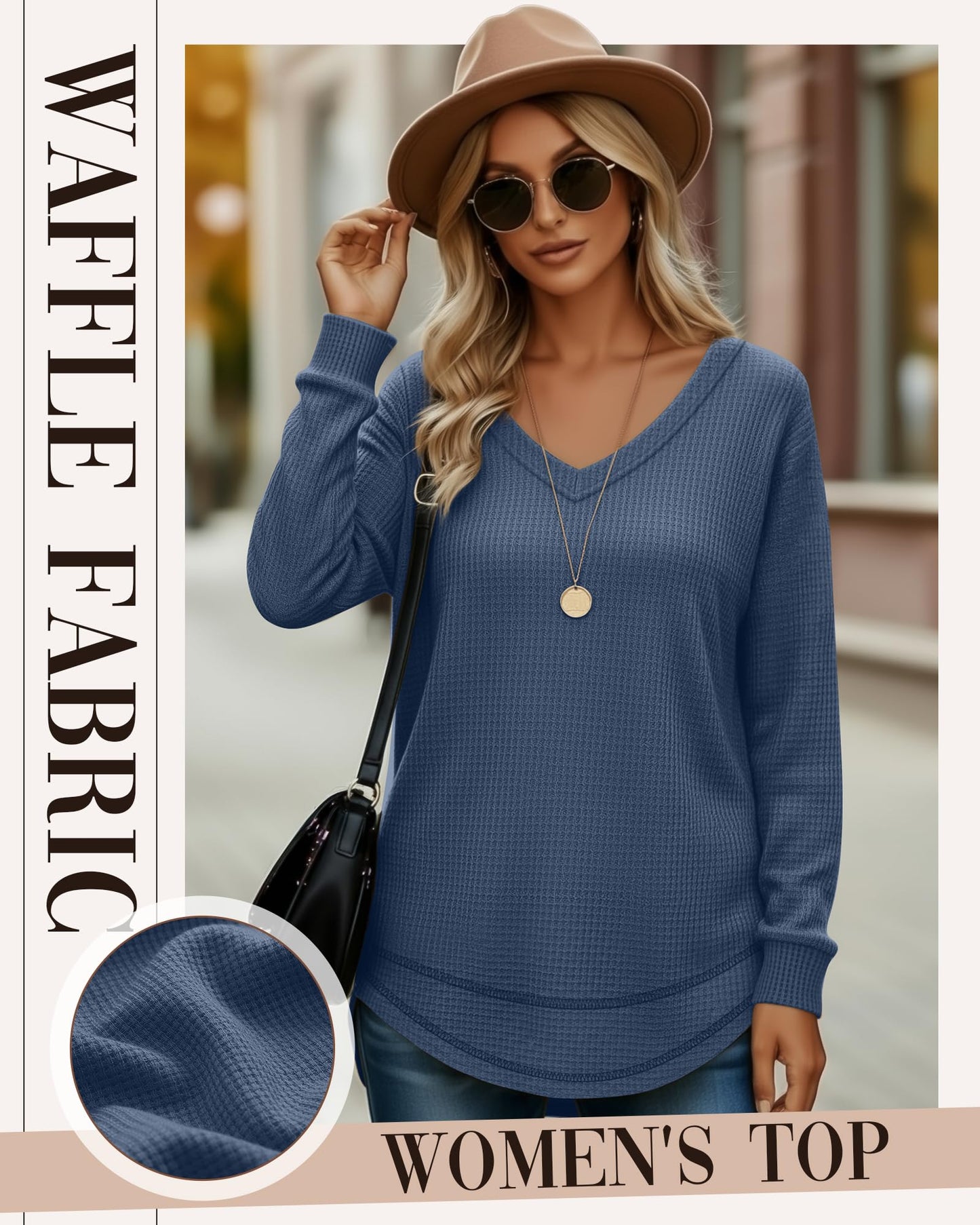 3 Pack Women's Waffle Knit Tunic Tops for Leggings Long Sleeve V Neck Sweatshirts Curved Hem Shirts 2026 Trendy
