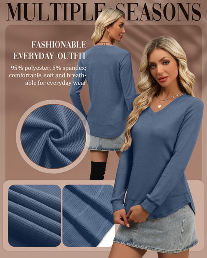 3 Pack Women's Waffle Knit Tunic Tops for Leggings Long Sleeve V Neck Sweatshirts Curved Hem Shirts 2026 Trendy