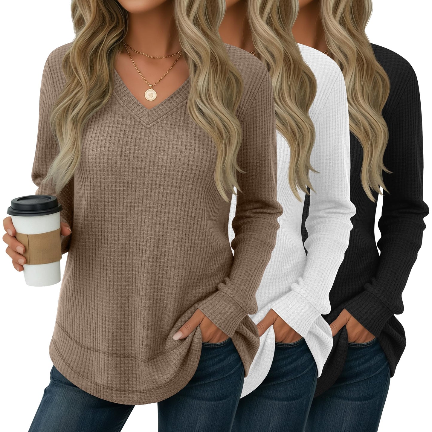3 Pack Women's Waffle Knit Tunic Tops for Leggings Long Sleeve V Neck Sweatshirts Curved Hem Shirts 2026 Trendy