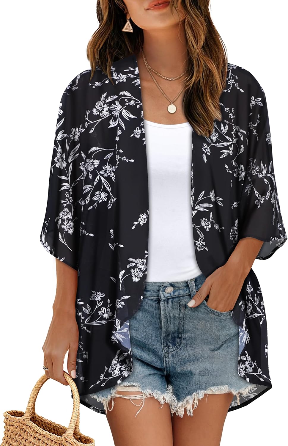 Women's Floral Print Puff Sleeve Kimono Cardigan Loose Cover Up Casual Blouse Tops 2026