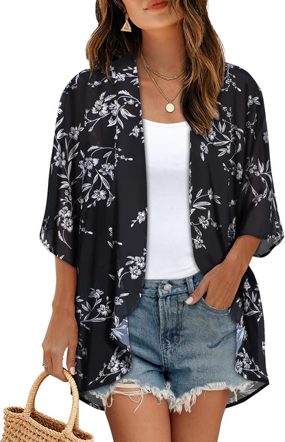 Women's Floral Print Puff Sleeve Kimono Cardigan Loose Cover Up Casual Blouse Tops 2026