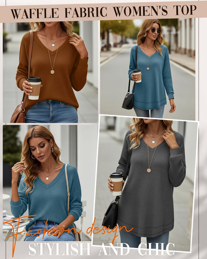 3 Pack Women's Waffle Knit Tunic Tops for Leggings Long Sleeve V Neck Sweatshirts Curved Hem Shirts 2026 Trendy