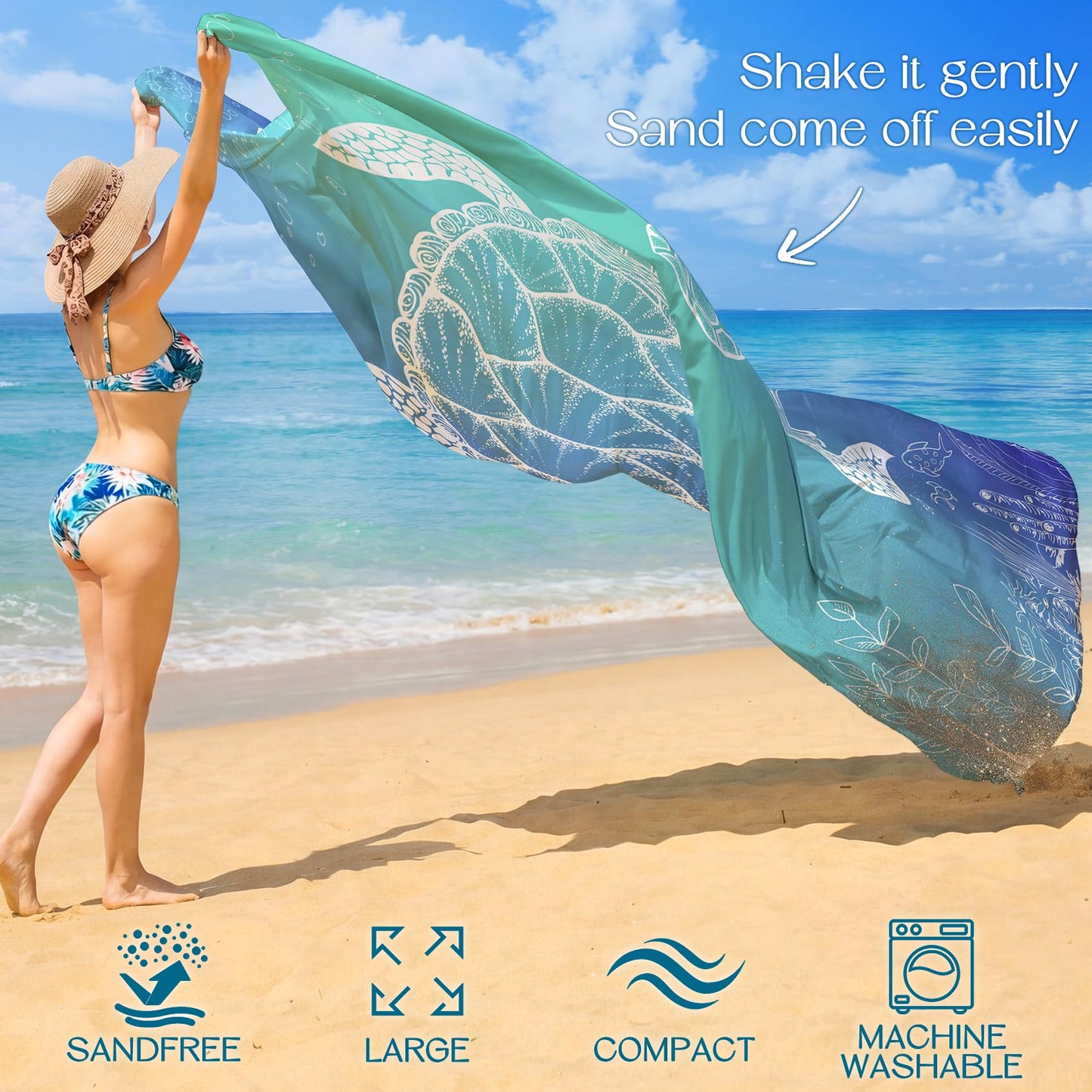 BYDOLL Beach Blanket Waterproof Sandproof Large Sand Free,78''X81''/10'X9' Oversized Sandless Lightweight Blanket Picnic Mat for Beach Travel Camping Hiking with Stakes