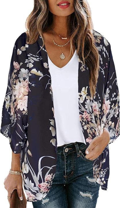 Women's Floral Print Puff Sleeve Kimono Cardigan Loose Cover Up Casual Blouse Tops 2026
