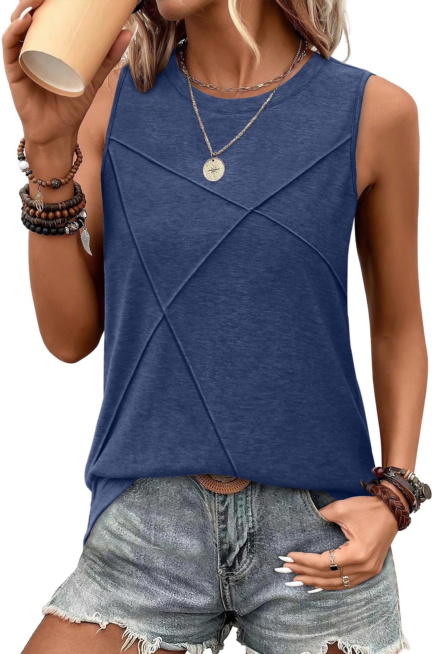 WIHOLL Women's Sleeveless Summer Crewneck Loose Fit Tank Tops