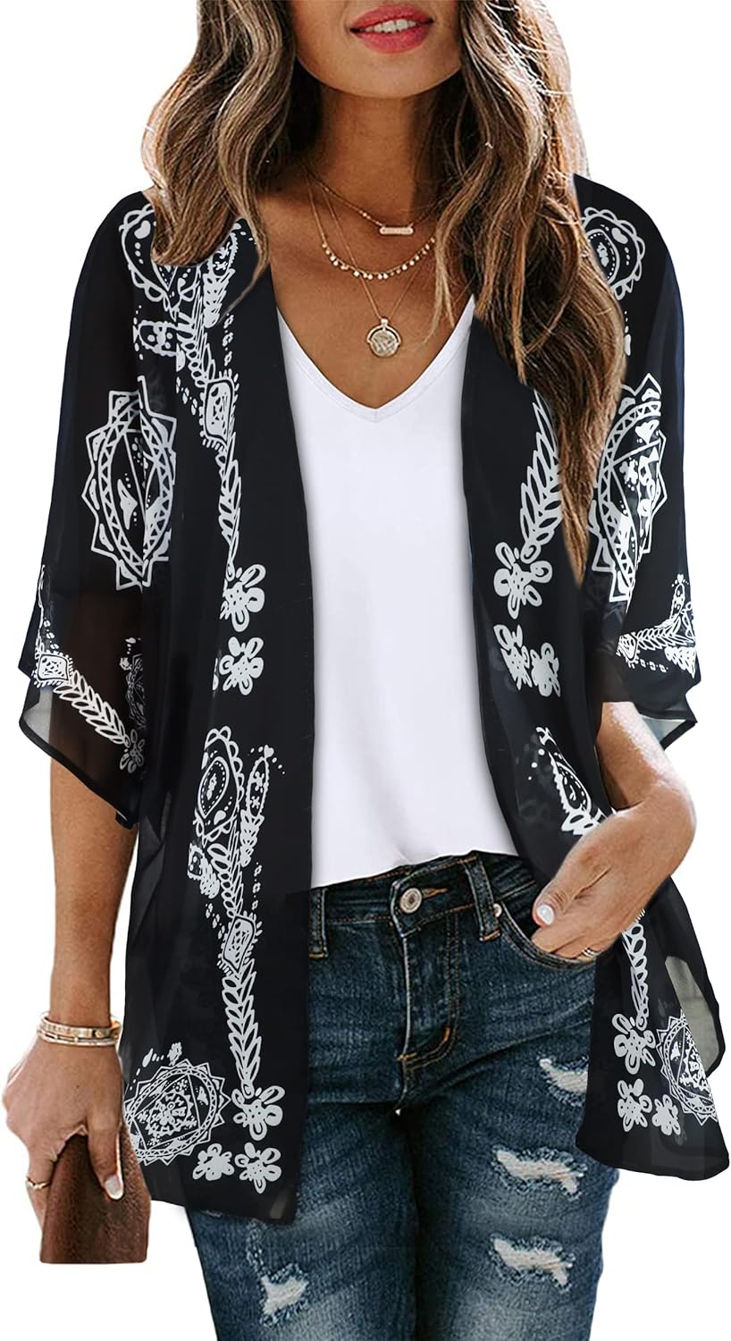 Women's Floral Print Puff Sleeve Kimono Cardigan Loose Cover Up Casual Blouse Tops 2026