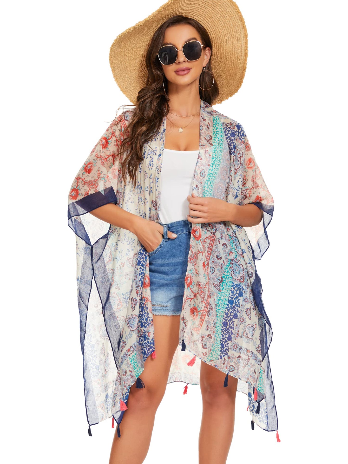 Breezy Lane Women's Kimono Cardigan Summer Swimsuit Coverups Beach Cover Up with Floral Print for Vacation