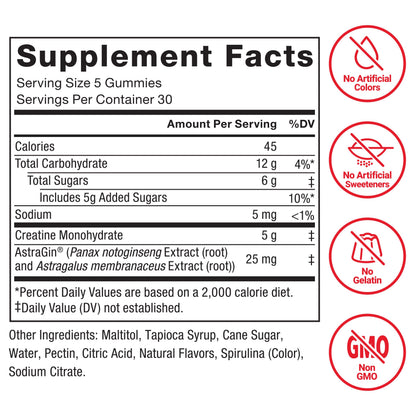 Force Factor Creatine Monohydrate Gummies, 5g Dose for Men & Women to Support Muscle, Strength, Recovery, Cognitive Health & Memory, Blue Raspberry, 150 Gummies