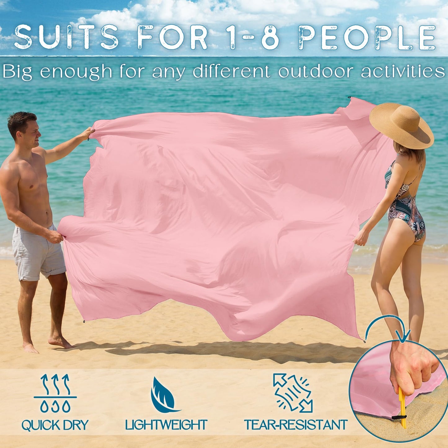 BYDOLL Beach Blanket Waterproof Sandproof Large Sand Free,78''X81''/10'X9' Oversized Sandless Lightweight Blanket Picnic Mat for Beach Travel Camping Hiking with Stakes