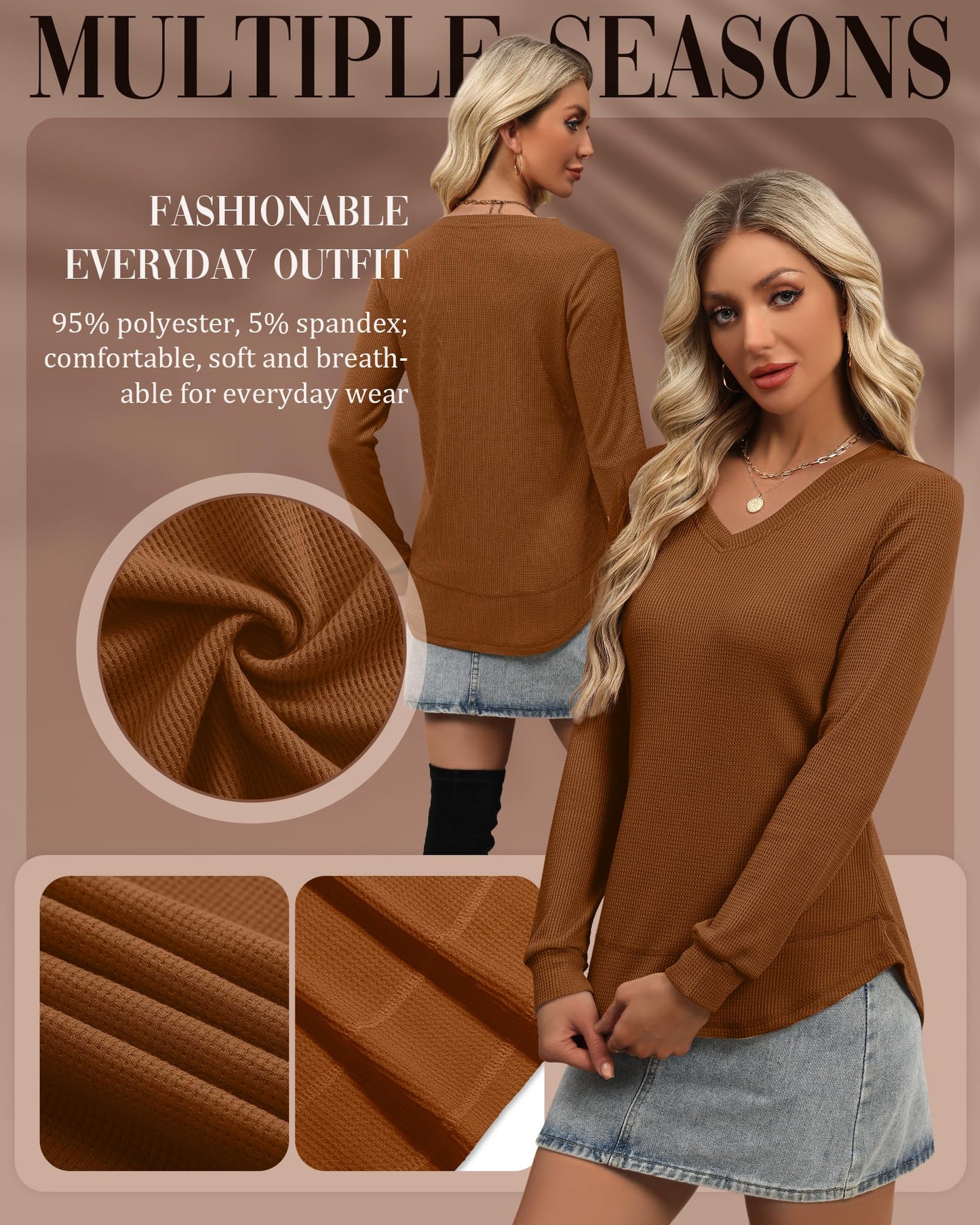 3 Pack Women's Waffle Knit Tunic Tops for Leggings Long Sleeve V Neck Sweatshirts Curved Hem Shirts 2026 Trendy